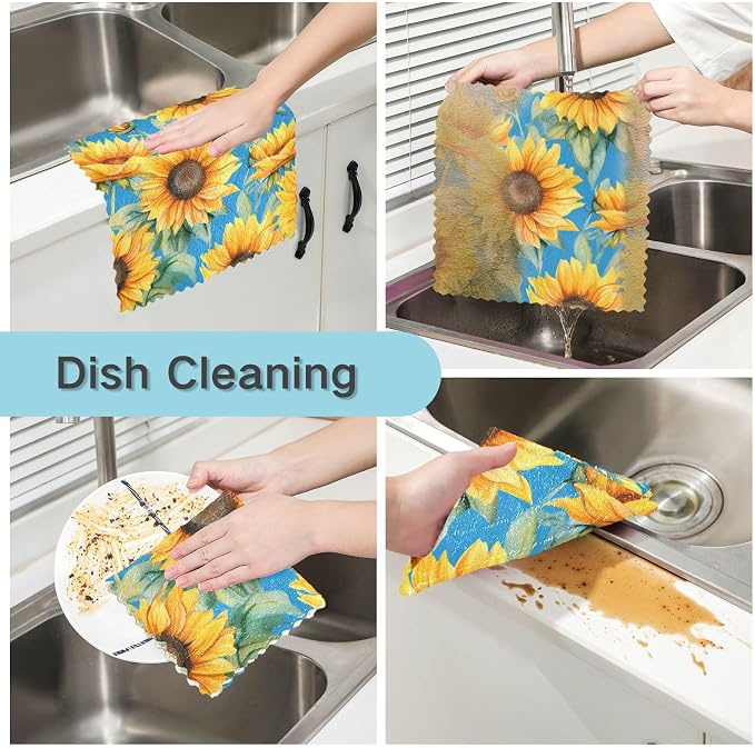 senya Kitchen Dishcloths, Sunflower Blue Cloth Dish Towels 6 Pack Super Absorbent Dishtowels Reusable Cleaning Cloths