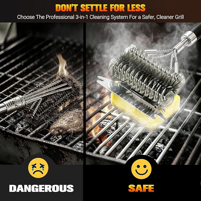 Professional 3-in-1 Grill Brush and Scraper with Safety Second Sweep Sponges - 18" Detachable Long Handle BBQ Cleaner for Heavy Duty Grime - Ideal Father's Day Grilling Gift for Men (Black)