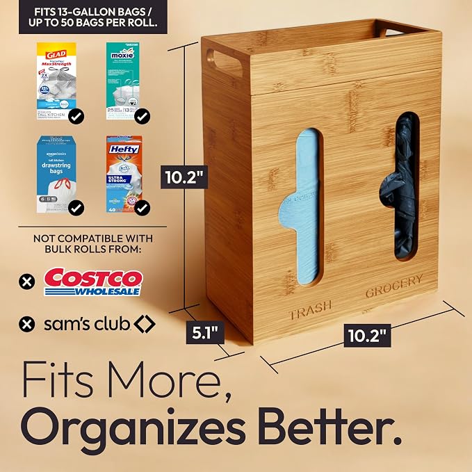 Under Sink Organizer for Kitchen Cabinet - Bamboo Trash Bag Dispenser & Bag Holder – Pantry Organizer & Garbage Roll Holder for Cleaning Supplies, Apartment Essentials & Home Organization