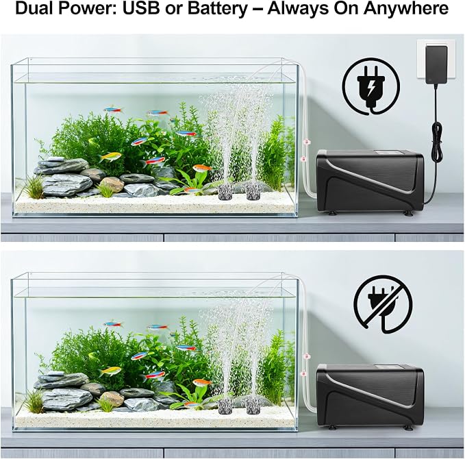 hygger Battery Backup Aquarium Air Pump, Rechargeable Dual-Outlet Fish Tank Oxygen Pump, Quiet Portable Aerator for Outdoor Aquarium (up to 120 Gal) & Fishing, Emergency Power Outage