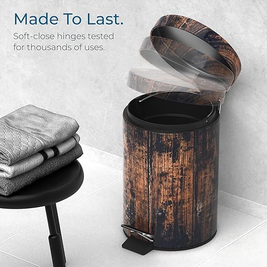 Sanilo Small Bathroom Trash Can with Lid [1.3 Gallon] - Lidded Tiny Trashcan for Garbage - Mini Metal Bin with Soft Closing Mechanism - Bath Room Accessoire Wastebin with Inner Bucket (Vintage)