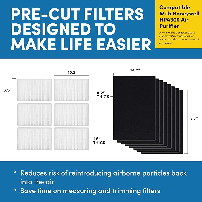 VEVA HPA300 Filter Replacement Compatible with Honeywell Air Purifier - 6 Pack of HEPA Filters w/ 8 Precut Activated Carbon Pre-Filters & Replacement Filter R