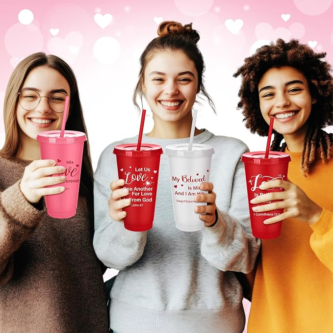 Meanplan 24 Packs Valentine's Day Christian Gift 24 oz Plastic Valentine Scripture Tumbler with Lids and Straws Jesus Bible Verse Cups Religious Church Gifts for Women Men Valentine's Party Favors