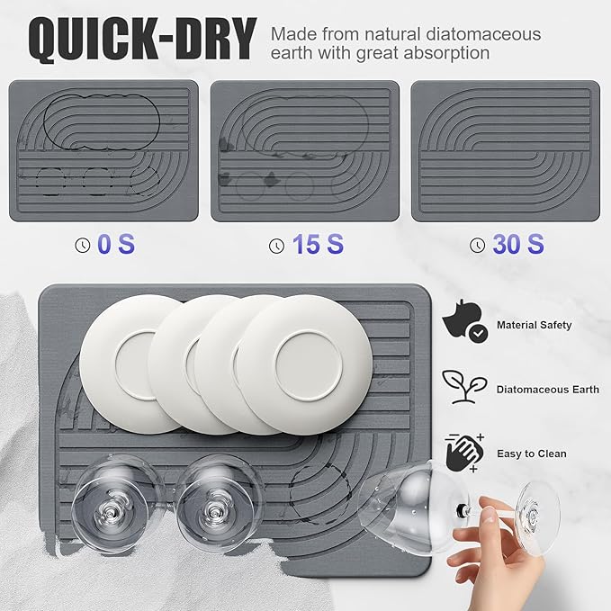 Stone Dish Drying Mat for Kitchen Counter Diatomaceous Earth Drying Mat, 15.8"x11.8" Super Absorbent Drying Stone, Quick Dry, Heat Resistant, Odorless (Dark Gray)