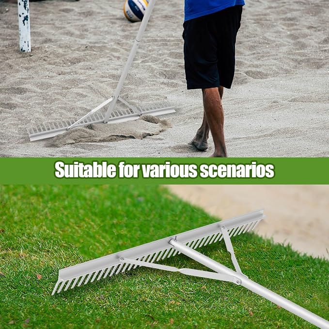 Qinyoung Aluminum Maintenance Rake 36 Inch Baseball Field Garden Landscape Rake with 66''-98'' Adjustable Handle for Yard Lawns Lake Weed Care Gardening Loosening Soil
