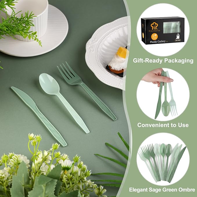 Kochorie 90 Pieces Gradient Sage Green Plastic Cutlery Set Disposable Plastic Utensils Heavy Duty Flatware Set Includes 30 Knives 30 Forks 30 Spoons for Birthday Wedding Baby Shower Party, Picnic