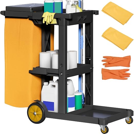 YITAHOME Janitorial Cart Cleaning Carts on Wheels, Black Housekeeping Carts, 3-Shelf Commercial Traditional Plastic Janitor Cart with Lid & 2 Yellow 25 Gallon Vinyl Bag, Mop & Broom Holders, Black