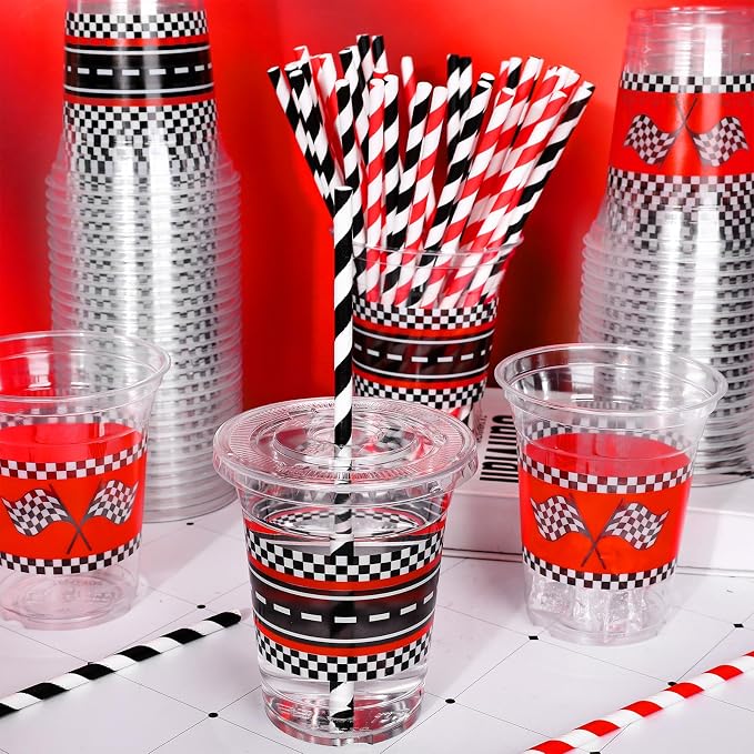 FYSUIMU 50Pcs Race Car Birthday Disposable Plastic Cups with Lids and Straws 12Oz Red Black Checkered Flag Race Track Cold Beverage Drink Cups for Racing Car Party Supplies