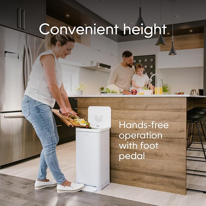 Compost Genie Kitchen Compost Bin, White Stainless-Steel Large, 3.6 Gallon, Indoor Odorless Composting, Hands-Free, Washable Parts, Includes 8 Tear-Off Compostable Bags and 4 Carbon Filters