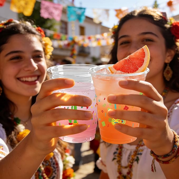 100 Pack Fiesta Plastic Cups 12 oz 2 Styles Mexican Cinco De Mayo Disposable Cups Mexican Party Favor Drinking Beverage Cup for Taco Birthday Hispanic Heritage Month Party Supplies