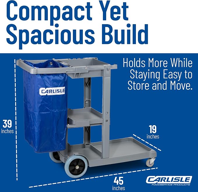 Carlisle FoodService Products Janitorial Cart Short Platform Cart with 25 Gallon Trash Bag for Restaurants, Hospitals, and Schools, Plastic, 45 X 19 X 39 Inches, Gray