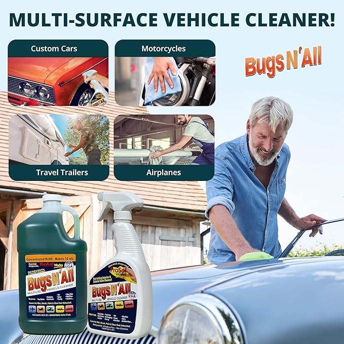 Bugs N' All Multi Surface Cleaner Spray Concentrate 1 Gal. w/Empty Cleaning Spray Bottle 32 oz. & Bug Sponge for Car Washing - Mutli-Vehicle Cleaning - Bug & Tar Remover for all Vehicles