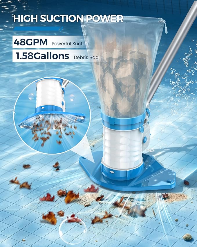 WAVIO Rechargeable Pool Leaf Vacuum Cleaner with Telescopic Pole, Runs Max 70-Mins, Cordless Pool Skimmer with Heavy Duty Mesh Bag, 48GPM Powerful Suction for Inground and Above Ground Pools