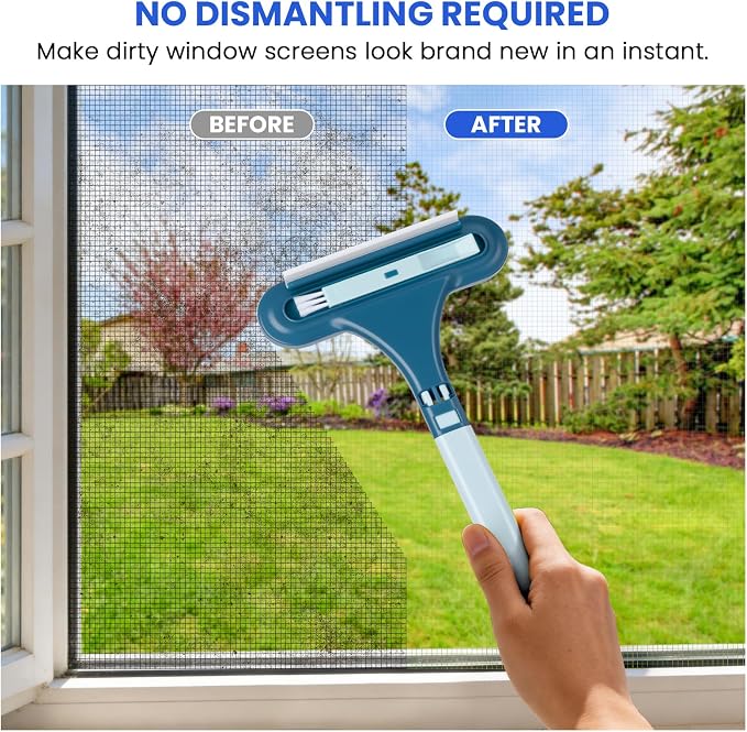 2-in-1 Screen Cleaning Brush with Squeegee - Window Mesh Cleaner & Pet Hair Remover for Couch, Multi-Use Crevice Tool for Patio and Porch Screens (Cyan Blue)