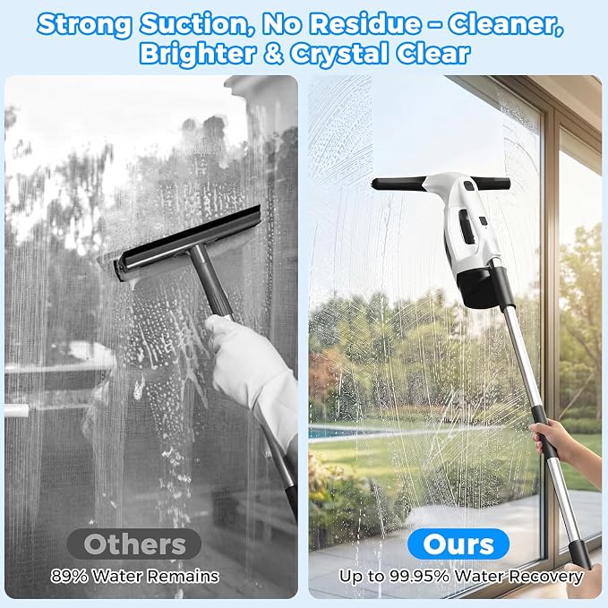 Window Vacuum Squeegee with Extendable Pole 31-40", 2000Pa Electric Window Cleaning Tool with 2200mAh and 150ml Dirty Water Tank, Long Handle Squeegee for Windows, Shower Doors, Mirrors, and Tiles