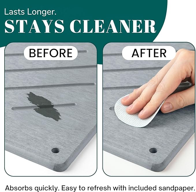 Stone Dish Drying Mat – Quick Dry Kitchen Counter Mat, 3-Piece Set, Diatomaceous Earth Water Absorbing Mats with Non-Slip Backing & Airflow Legs