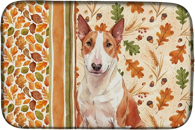 Caroline's Treasures Red and White Bull Terrier Heirloom Fall Dish Drying Mat Absorbent Dish Drying Mat Pad for Kitchen Counter Dish Drainer Mat for Countertop, 14 x 21", Multicolor