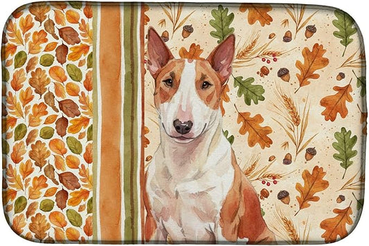 Caroline's Treasures Red and White Bull Terrier Heirloom Fall Dish Drying Mat Absorbent Dish Drying Mat Pad for Kitchen Counter Dish Drainer Mat for Countertop, 14 x 21", Multicolor
