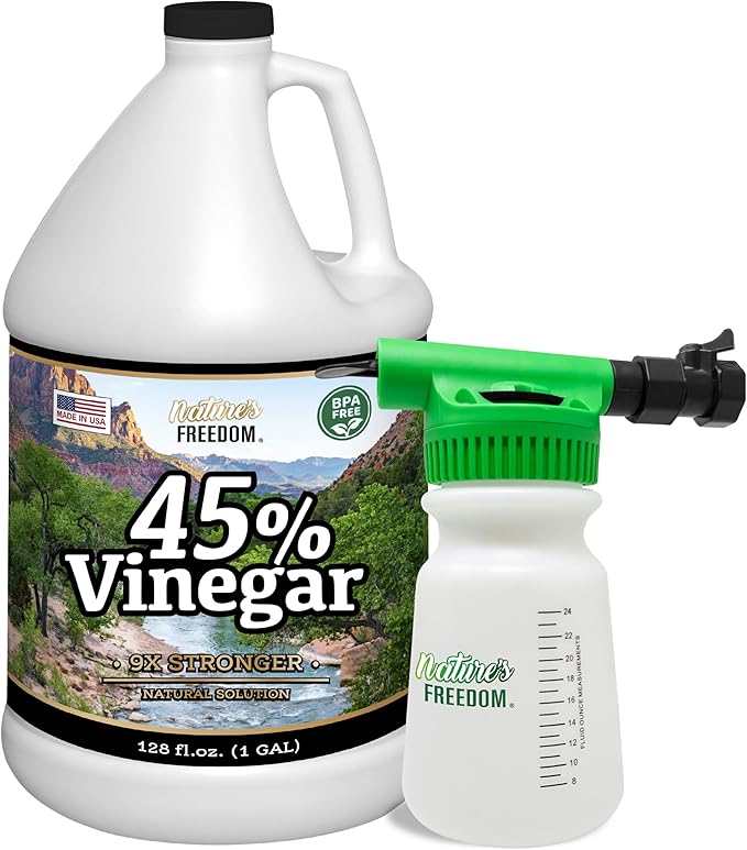 Nature's Freedom 45% Concentrated Vinegar with Hose End Sprayer, 1 Gallon - Dilutes to 9 Gallons - 9x Strength Multi-Purpose Solution