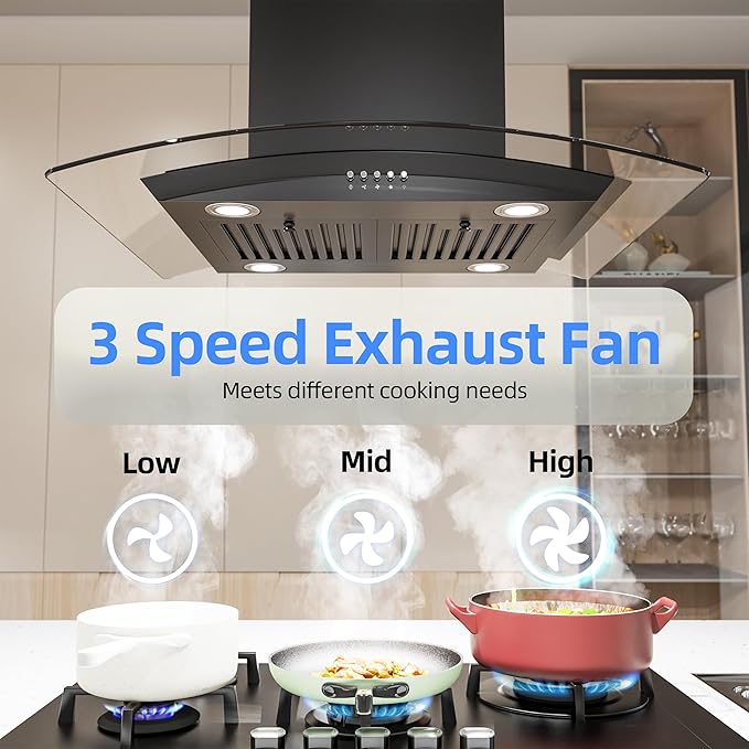 FIREGAS Black Island Mount Range Hood 30 inch with 700 CFM, Ceiling Mount Kitchen Vent Hood Ducted/Ductless Convertible, 4 LED Lights, 3 Speed Exhaust Fan, 2 charcoal fiters, Black