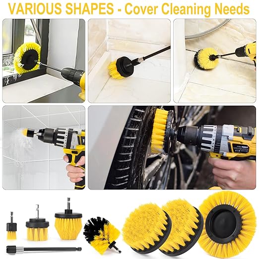SHIELDPRO 18 Pack Drill Brush Attachment Set, Power Cleaning Scrub Brushes for Drill, Extend Long Attachment, All Purpose for Car Detailing, Bathroom, Carpet, Tile Grout, Sinks, Corners