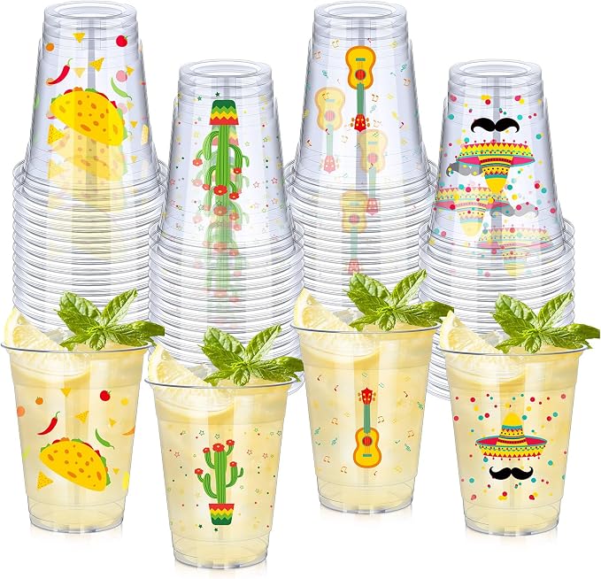 meekoo 50 Pcs 12 oz Fiesta Cup Plastic Mexican Cup Clear Disposable Margarita Glasses Cinco De Mayo Party Decorations for Taco Bout Bar Night Tequila Birthday Party Drinkware Supplies, 4 Style