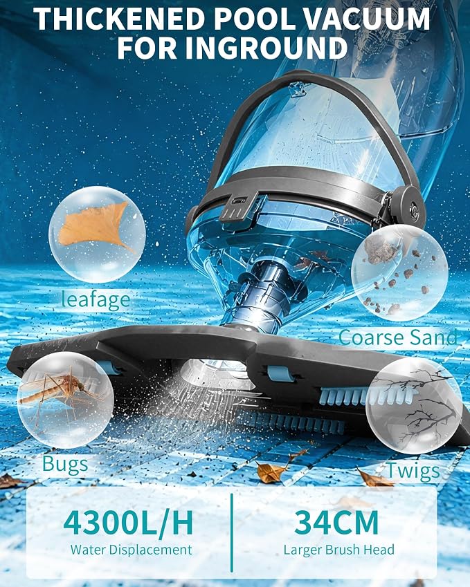 FOTING Cordless Pool Vacuum for Above Ground Pool 19.5 GPM, All-Angle Head&LED Display,Handheld Rechargeable Spa Vacuum Cleaner for Inground Pools for Hot Tub, Debris,Shallow Steps