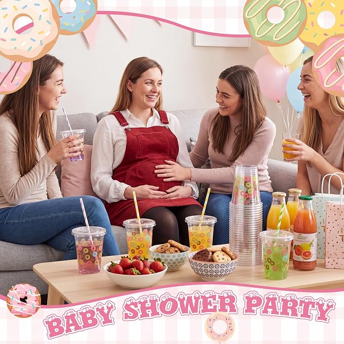 Domensi 25 Sets Donut Themed Plastic Cups with Lids and Paper Straws 12oz Colorful Disposable Drinking Cups Bulk for Cold Drinks Baby Shower Wedding Picnic Summer Theme Birthday Party Supplies