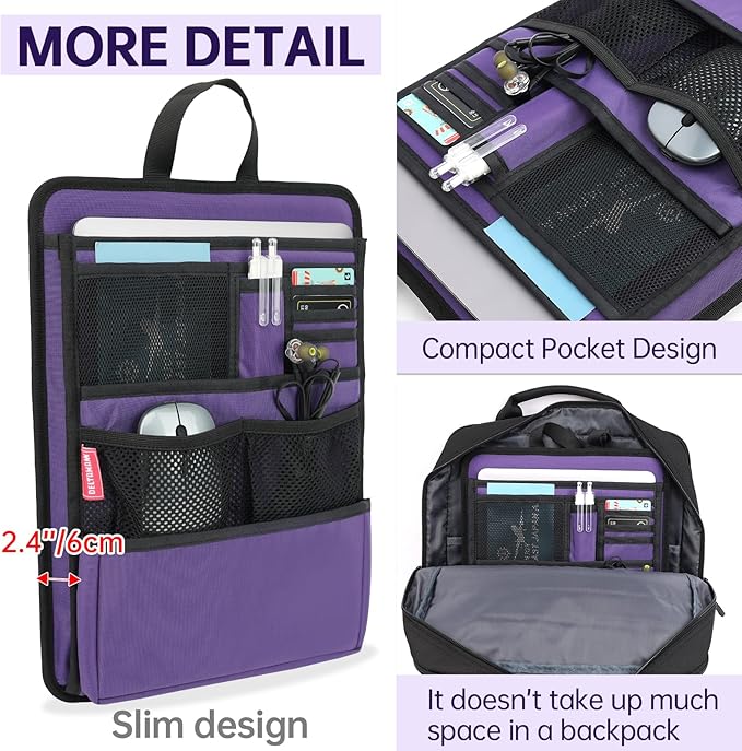Slim Rugged Backpack Organizer Insert for Business Casual Men Women -13 Pockets,Padded Nylon,Max 14'' laptop - Purple