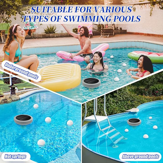 Qualirey Solar Pool Ionizer, Up to 45,000 Gallons,Floating Solar Copper Ionizer, Reduces Chlorine Use by 90%, with 4 Scum Absorber Balls for Above Ground Inground Pools Spas(Grey,Round)
