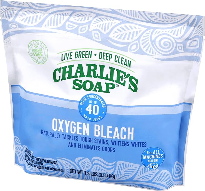 Charlie's Soap Oxygen Powered Bleach Powder, Color Safe For Clothes, Safe Bleach for White Clothes, An Unscented Fragrance Free Non Chlorine 1.3 lbs (2 Pack)