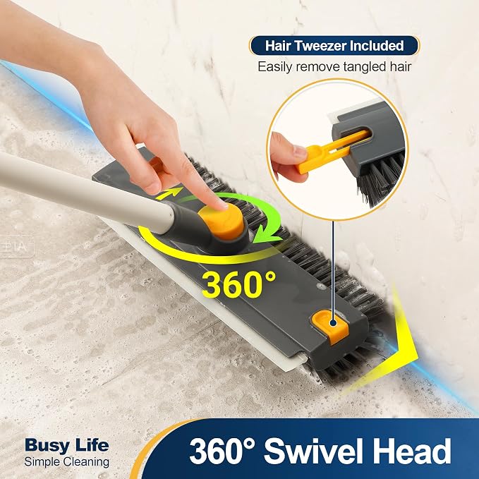 Yocada Floor Scrub Brush with Long Handle 3 in 1 Dual-Sided Stiff Bristle Scrubber Brush and Scrape Squeegee Indoor&Outdoor for Cleaning Bathroom Kitchen Patio Pool Garage Wall Deck 53.9"
