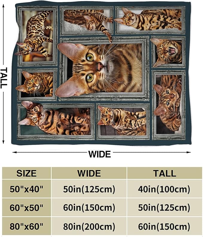 Bengal Cat Gifts and Decor - Cute Throw Blanket for Girls, Women, Kids, Adults - Soft Warm Cozy Fleece for Couch, Sofa, Bed - 50"x40"