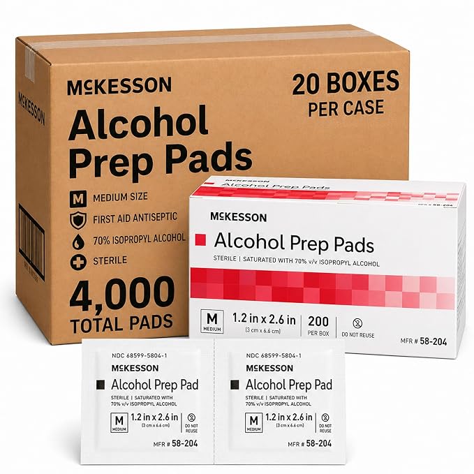 McKesson Alcohol Prep Pads, (4,000 Count) - Sterile, Individually Wrapped Wipes, 70% Isopropyl Alcohol, Medium Size, 2-Ply, Medical Grade, First Aid, 20 Boxes