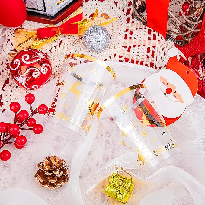 supernal 100pcs Christmas Party Cups,Gold Plastic Cups with Christmas Design,Plastic Party Cup,Disposable Cups,10oz Christ's Mass and Disposable Cups for Xmas Party