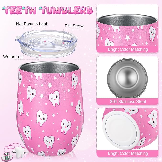 Umigy 4 Pcs Dental Assistant Gifts, Teeth Dentist Wine Tumbler, 12 oz Stainless Steel Coffee Travel Mug, Vacuum Insulated Tumbler Cup with Straw Lid and Brush Dental Hygienist CNA Week Birthday Gifts