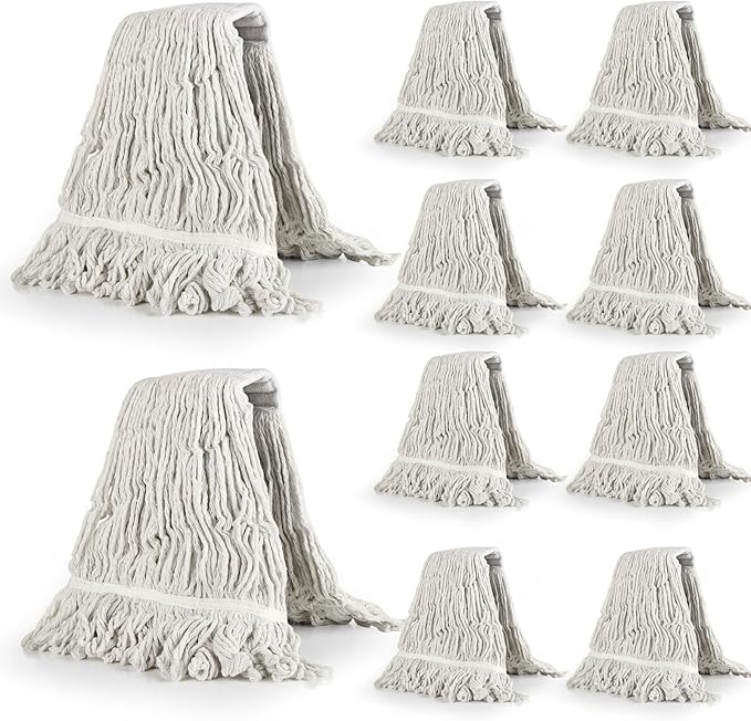 10Pcs Commercial String Mop Head, Loop-End Mop Head Replacement, Heavy Duty Mop Head Refills, Cotton Looped End Wet Cleaning Mop Refill for Floor Cleaning, Home, Industrial and Commercial Use (White)