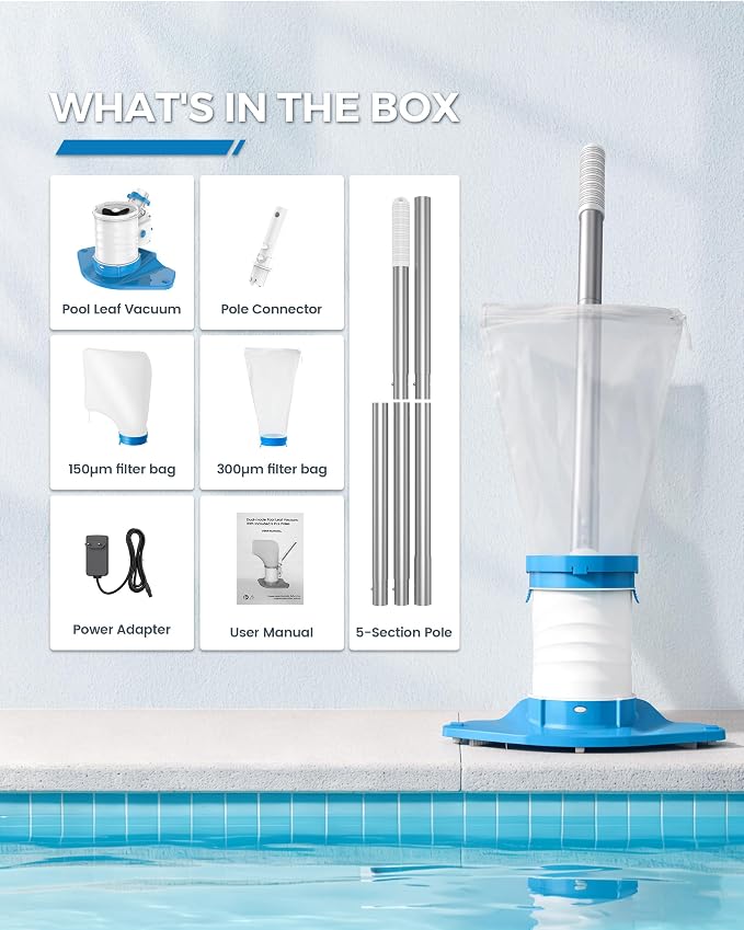 WAVIO Rechargeable Pool Leaf Vacuum Cleaner with Telescopic Pole, Runs Max 70-Mins, Cordless Pool Skimmer with Heavy Duty Mesh Bag, 48GPM Powerful Suction for Inground and Above Ground Pools
