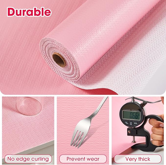 Drawer and Shelf Liner, Non-Slip Kitchen Cabinet Liners Non-Adhesive Thick Strong Grip Waterproof Washable Mats Protect Dresser Shelves Cupboard Bathroom Cabinets, Pink, 12 in X 30 FT