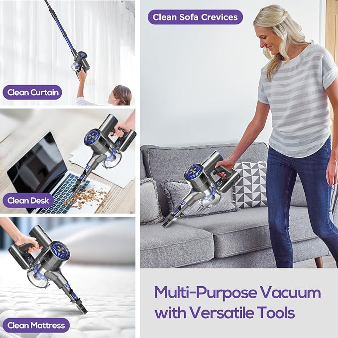 Comvtu Cordless Vacuums, 80,000PRM Powerful Motor Vacuum Cleaner and 2200mAH Rechargeable Battery up to 35 Mins Worktime, 2 Adjustable Modes, Detachable Parts, Wireless Stick Vacuum (Deep Blue)