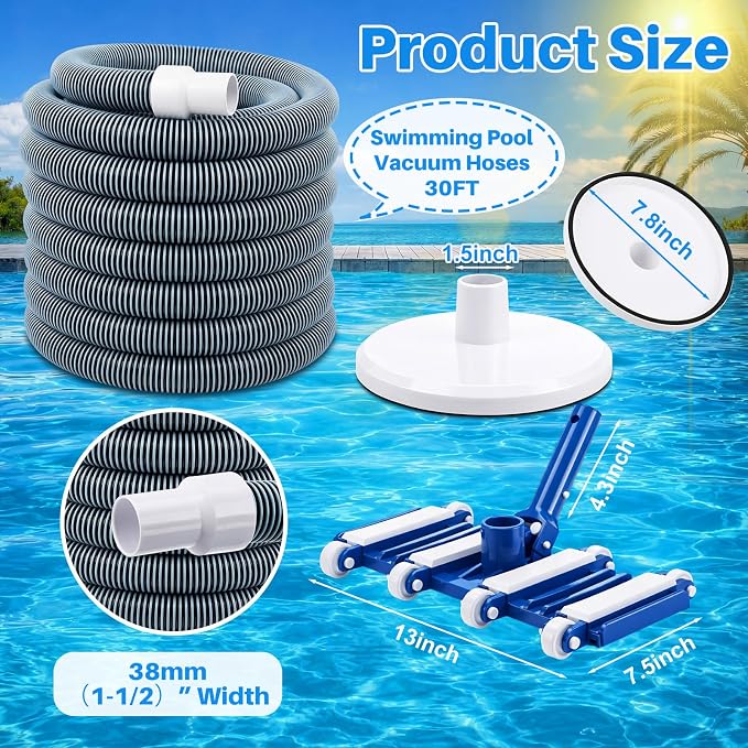 3 Pcs Pool Cleaning Kit 14" Vacuum Head with Flexible Wheels, 1-1/2 x 18ft Hoses and Skim Vacuum Plate Pool Maintenance Cleaning Accessory Tool for Fast, Easy Debris Removal