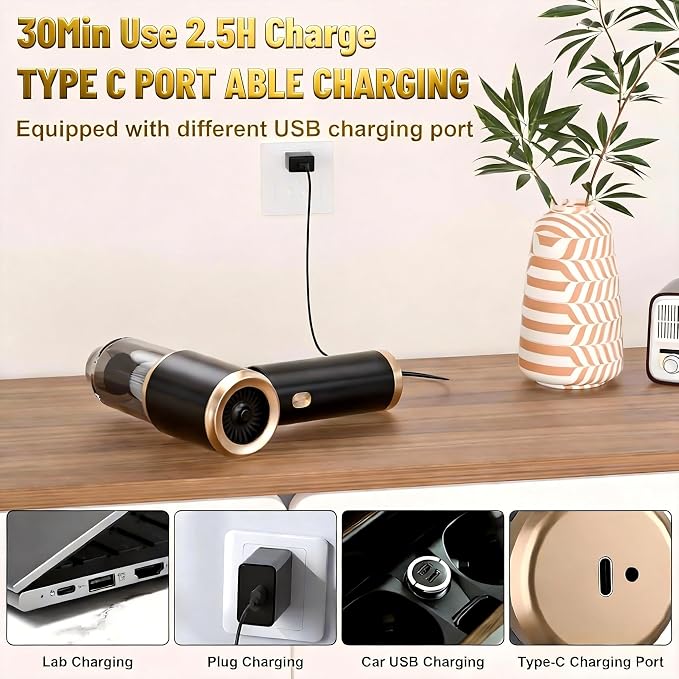 LAZYROSY 30000PA Handheld Vacuum Cleaner Suction with Brushless Motor, 6-in-1 Portable Mini Vacuum with 3 Suction Modes, Cordless Vacuum with LED Light, Type-C Charge for Car, Office Desk, Keyboards
