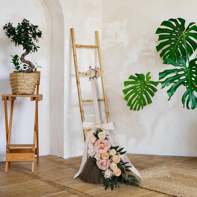 Wedding Broom DIY Jumping Broom for Wedding Ceremony 28 inch Tall Whisk with Artificial Roses/Green Leaves/Ribbons/Pearl