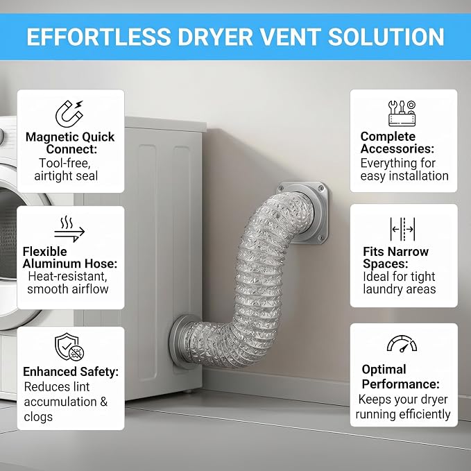 Magnetic Dryer Vent Hose Kit, 39.6 Inch Quick Connect Dryer Exhaust Duct, Flexible Aluminum Dryer Vent Connector with Wall Plate, Clamps & Screws
