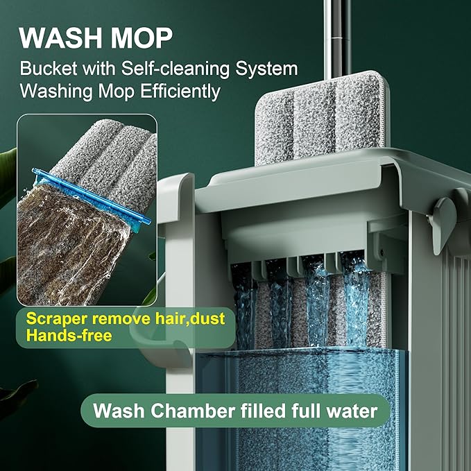 JOYMOOP Mop and Bucket Set, Commercial & Household Use Flat Mop with Bucket, Wall Cleaner with Long Handle, Microfiber Mop Bucket with 3 Reusable 15" Pads