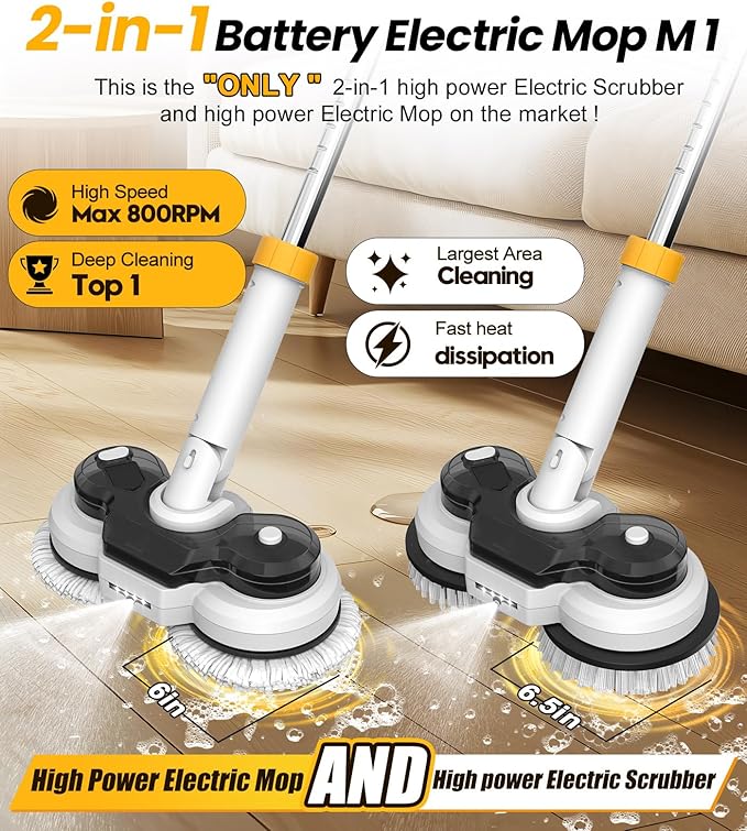 qimedo 6000mAh Battery Electric Mop with 12 Replacement pad and Brush Head, 800RPM Cordless Electric Power Scrubber & Mops for Floor Cleaning, Best Automatic Spin Mops with Smart Display