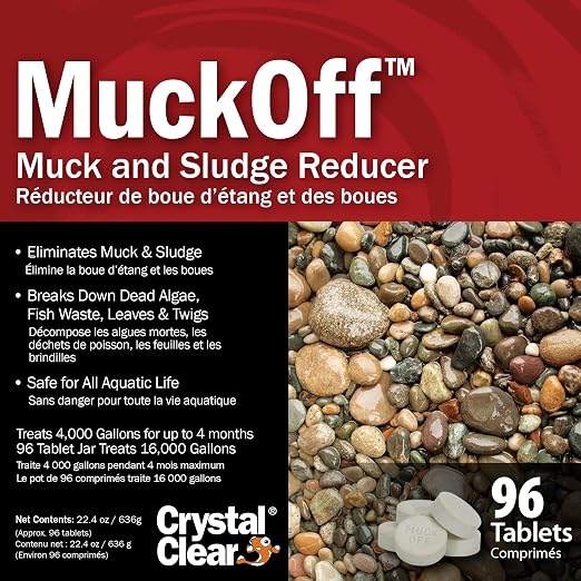 CrystalClear MuckOff Natural Pond Muck Treatment Sludge Remover, 96 Tablets | Living beneficial bacteria clarifier with enzyme for water gardens, fountains & bird baths; fish, aquatic animal & pet safe