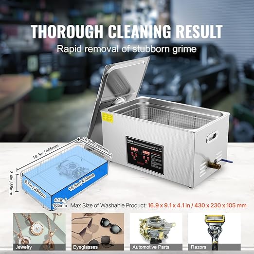 VEVOR Ultrasonic Cleaning with Digital Timer & Heater, Professional Ultra Sonic Jewelry Cleaner, Stainless Steel Heated Cleaning Machine for Glasses Watch Rings Small Parts Circuit Board (22L)