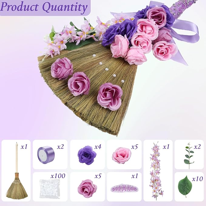 Wedding Brooms for Jumping Ceremony - TrinhGuo Purple Wedding Broom with Ribbons Pearls Artificial Flowers Leaves Mesh Embroidery, DIY Marriage Jumping Ceremony Set for African American