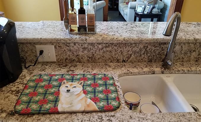 Caroline's Treasures Cream Shiba Inu Christmas PoinsettIas Dish Drying Mat Absorbent Dish Drying Mat Pad for Kitchen Counter Dish Drainer Mat for Countertop, 14 x 21", Multicolor